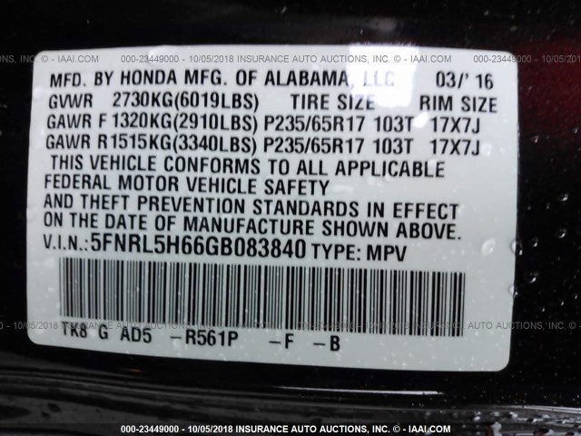 5FNRL5H66GB083840 - 2016 HONDA ODYSSEY EXL BURGUNDY photo 9