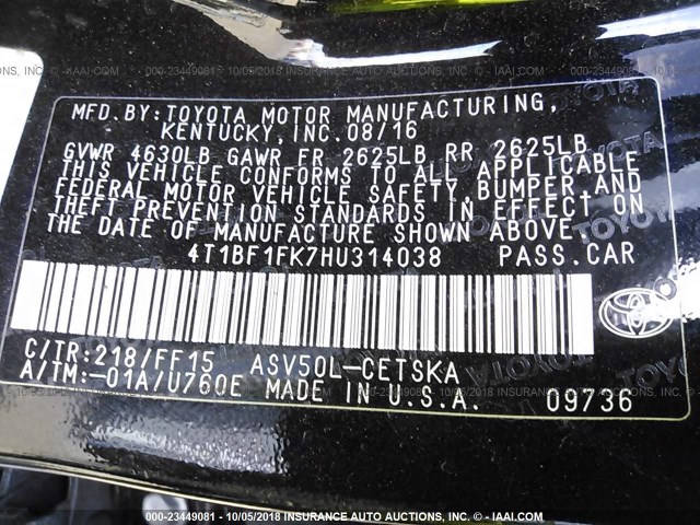 4T1BF1FK7HU314038 - 2017 TOYOTA CAMRY LE/XLE/SE/XSE 黑色 照片 9