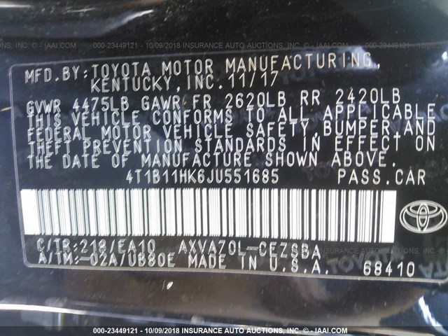 4T1B11HK6JU551685 - 2018 TOYOTA CAMRY L/LE/XLE/SE/XSE BLACK photo 9