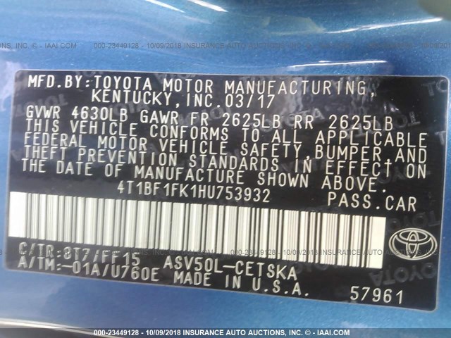 4T1BF1FK1HU753932 - 2017 TOYOTA CAMRY LE/XLE/SE/XSE BLUE photo 9