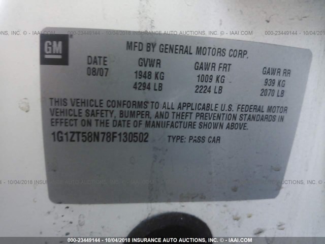 1G1ZT58N78F130502 - 2008 CHEVROLET MALIBU LT/CLASSIC Weiß Foto 9