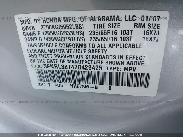 5FNRL38747B428425 - 2007 HONDA ODYSSEY EXL SILVER photo 9