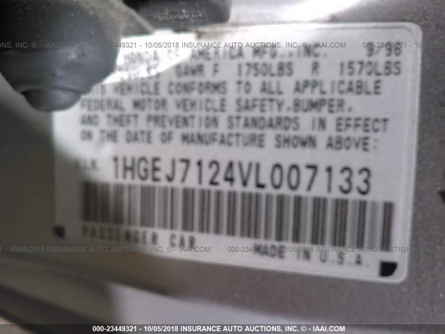 1HGEJ7124VL007133 - 1997 HONDA CIVIC HX SILVER photo 9