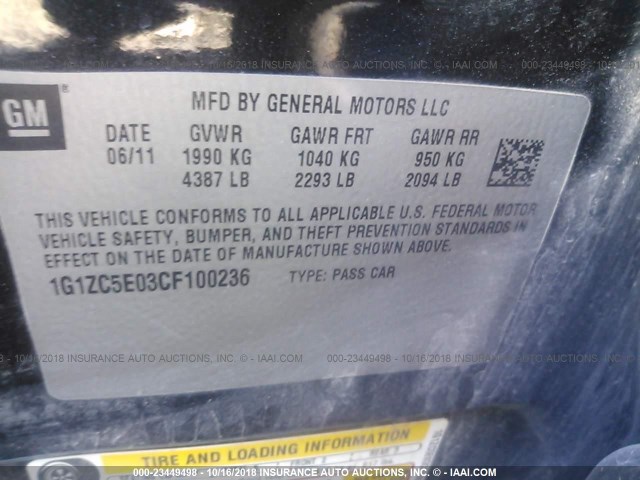 1G1ZC5E03CF100236 - 2012 CHEVROLET MALIBU 1LT BLACK photo 9