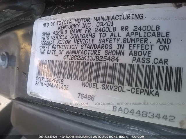 4T1BG22K11U825484 - 2001 TOYOTA CAMRY CE/LE/XLE 蓝色 照片 9