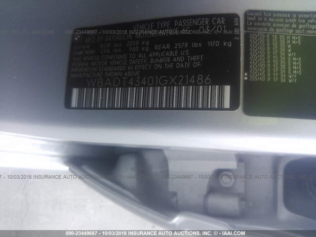 WBADT43401GX21486 - 2001 BMW 525 I AUTOMATIC SILVER photo 9