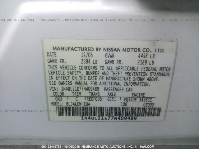 1N4BL21E77N409489 - 2007 NISSAN ALTIMA 3.5SE/3.5SL WHITE photo 9