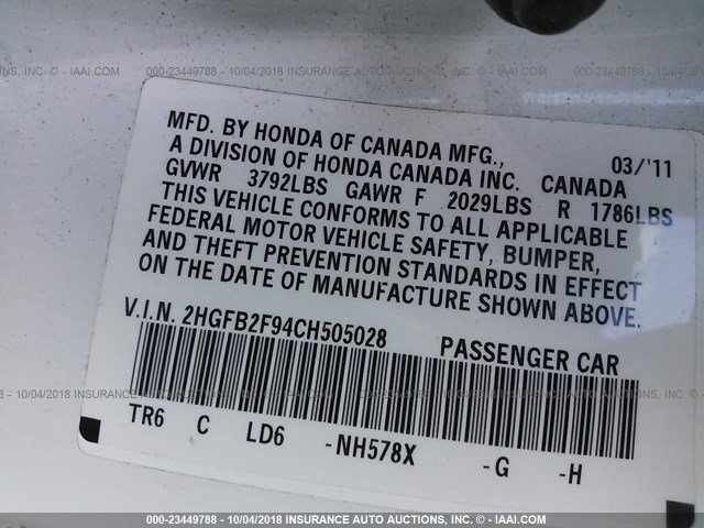 2HGFB2F94CH505028 - 2012 HONDA CIVIC EXL 白色 照片 9