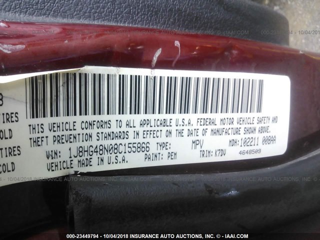 1J8HG48N08C155866 - 2008 JEEP COMMANDER SPORT მუქწითელი ფოტო 9