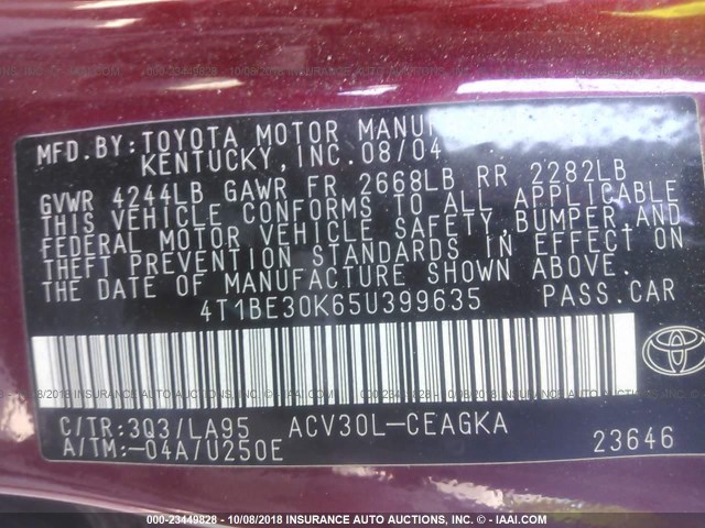 4T1BE30K65U399635 - 2005 TOYOTA CAMRY LE/XLE/SE MAROON photo 9