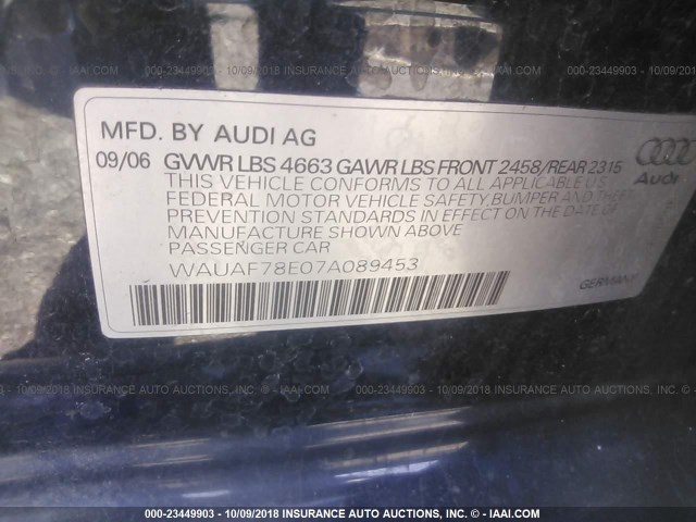 WAUAF78E07A089453 - 2007 AUDI A4 2/TURBO BLUE photo 9