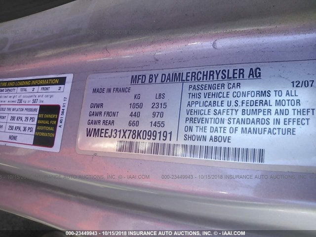 WMEEJ31X78K099191 - 2008 SMART FORTWO PURE/PASSION WHITE photo 9