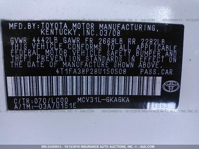 4T1FA38P28U150508 - 2008 TOYOTA CAMRY SOLARA SE/SLE/SPORT WHITE photo 9