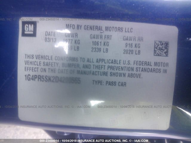 1G4PR5SK2D4200565 - 2013 BUICK VERANO CONVENIENCE BLUE photo 9