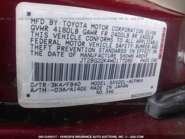 JT2BG22K4W0177280 - 1998 TOYOTA CAMRY CE/LE/XLE 红色 照片 9