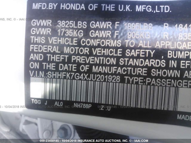 SHHFK7G4XJU201928 - 2018 HONDA CIVIC SPORT Білий фото 9