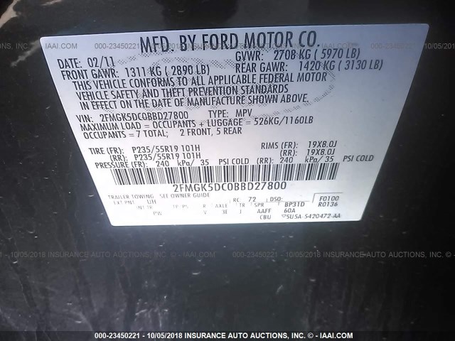 2FMGK5DC0BBD27800 - 2011 FORD FLEX LIMITED BLACK photo 9