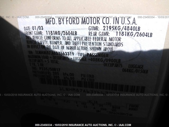 1LNHM87A63Y663319 - 2003 LINCOLN LS WHITE photo 9