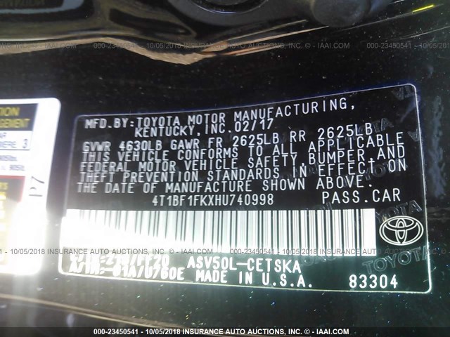 4T1BF1FKXHU740998 - 2017 TOYOTA CAMRY 黑色 照片 9