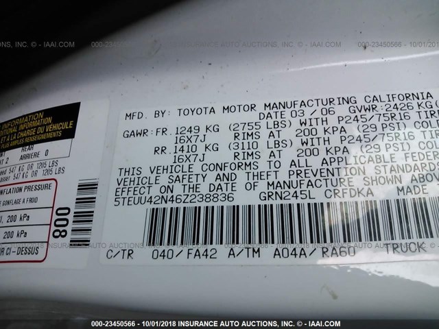 5TEUU42N46Z238836 - 2006 TOYOTA TACOMA ACCESS CAB WHITE photo 9