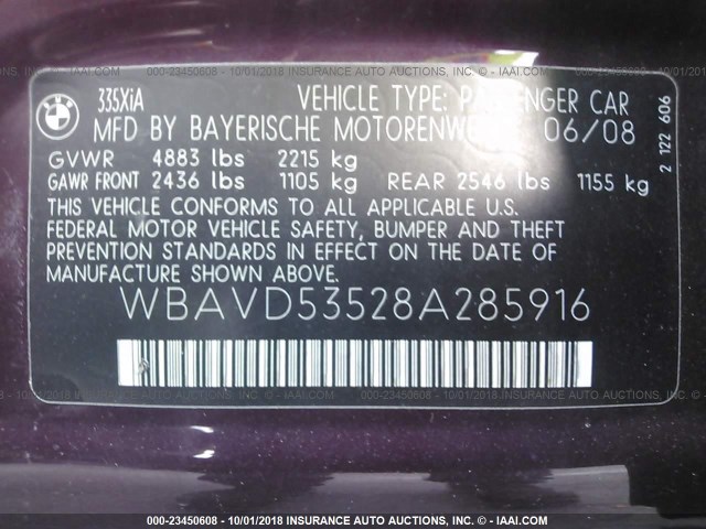 WBAVD53528A285916 - 2008 BMW 335 XI Granate foto 9