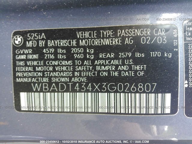 WBADT434X3G026807 - 2003 BMW 525 I AUTOMATIC 蓝色 照片 9