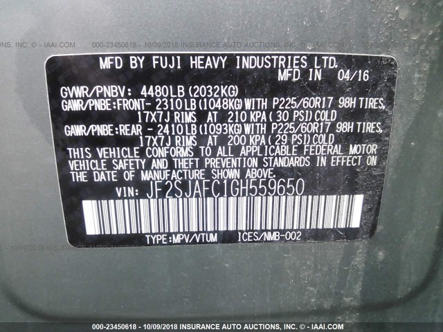 JF2SJAFC1GH559650 - 2016 SUBARU FORESTER 2.5I PREMIUM GREEN photo 9