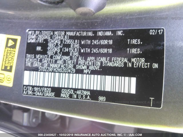 5TDZZRFH2HS203429 - 2017 TOYOTA HIGHLANDER LE/LE PLUS GRAY photo 9