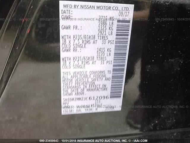 5N1DR2MM2JC612096 - 2018 NISSAN PATHFINDER S/SV/SL/PLATINUM GREEN photo 9