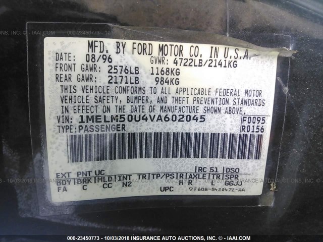 1MELM50U4VA602045 - 1997 MERCURY SABLE GS BLACK photo 9