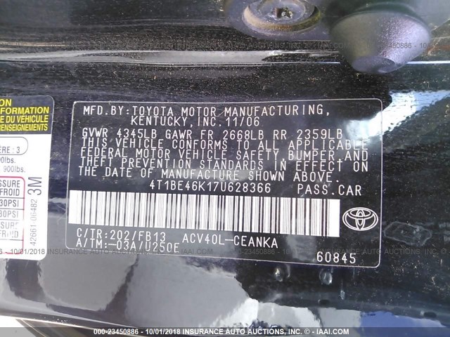 4T1BE46K17U628366 - 2007 TOYOTA CAMRY NEW GENERAT CE/LE/XLE/SE BLACK photo 9