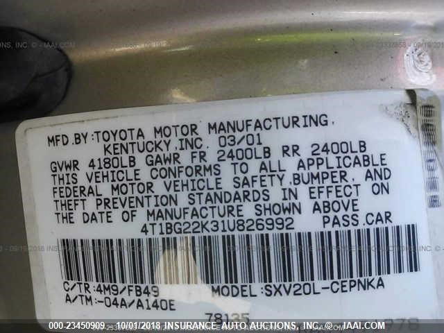 4T1BG22K31U826992 - 2001 TOYOTA CAMRY CE/LE/XLE 未知 照片 9