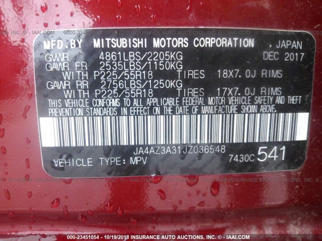 JA4AZ3A31JZ036548 - 2018 MITSUBISHI OUTLANDER SE/SEL RED photo 9