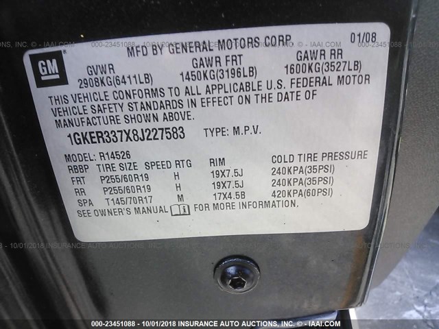 1GKER337X8J227583 - 2008 GMC ACADIA SLT-2 შავი ფოტო 9