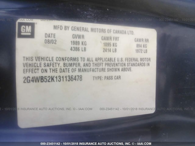2G4WB52K131136478 - 2003 BUICK REGAL LS Navy photo 9