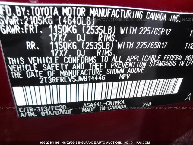 2T3RFREV5JW814446 - 2018 TOYOTA RAV4 ADVENTURE/XLE MAROON photo 9