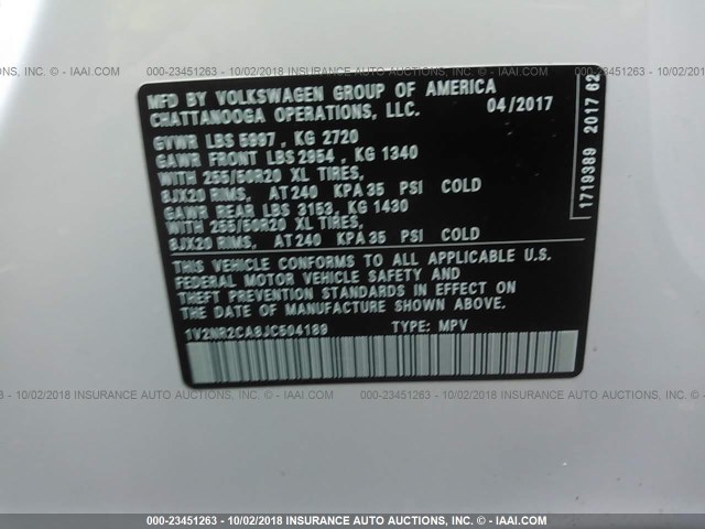 1V2NR2CA8JC504189 - 2018 VOLKSWAGEN ATLAS SEL PREMIUM Ağ foto 9