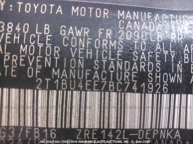 2T1BU4EE7BC741926 - 2011 TOYOTA COROLLA S/LE Unknown photo 9