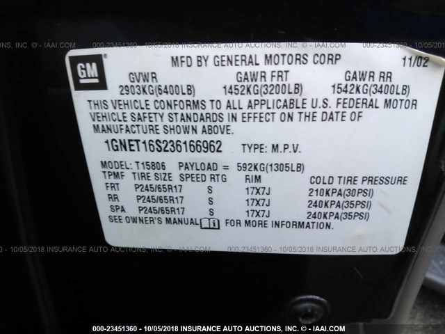 1GNET16S236166962 - 2003 CHEVROLET TRAILBLAZER EXT BLUE photo 9