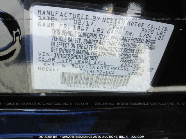 3N1CE2CP0HL361507 - 2017 NISSAN VERSA NOTE S/S PLUS/SV/SL/SR BLACK photo 9