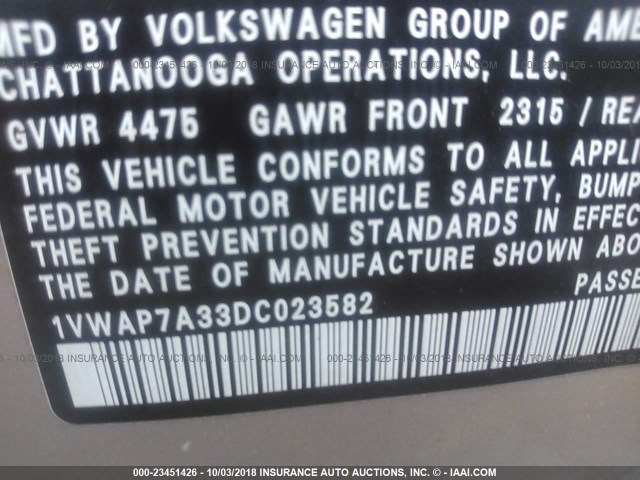 1VWAP7A33DC023582 - 2013 VOLKSWAGEN PASSAT S GRAY photo 9