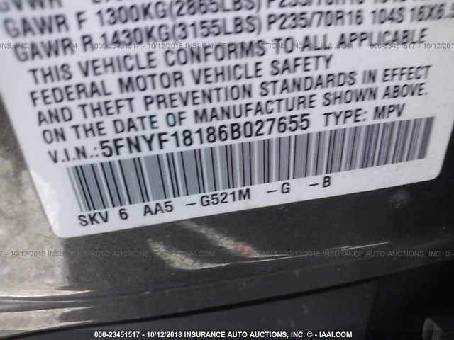 5FNYF18186B027655 - 2006 HONDA PILOT LX GRAY photo 9