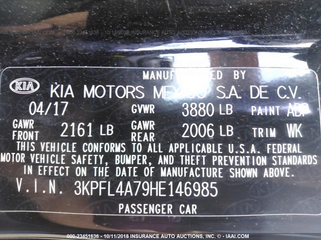 3KPFL4A79HE146985 - 2017 KIA FORTE LX/S BLACK photo 9