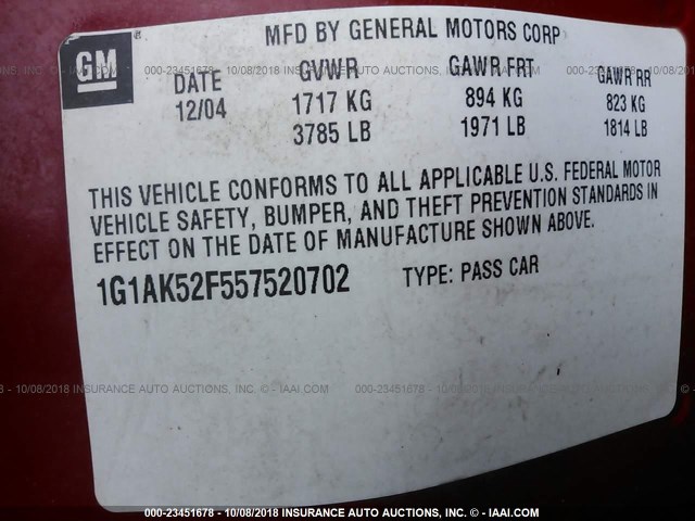 1G1AK52F557520702 - 2005 CHEVROLET COBALT RED photo 9