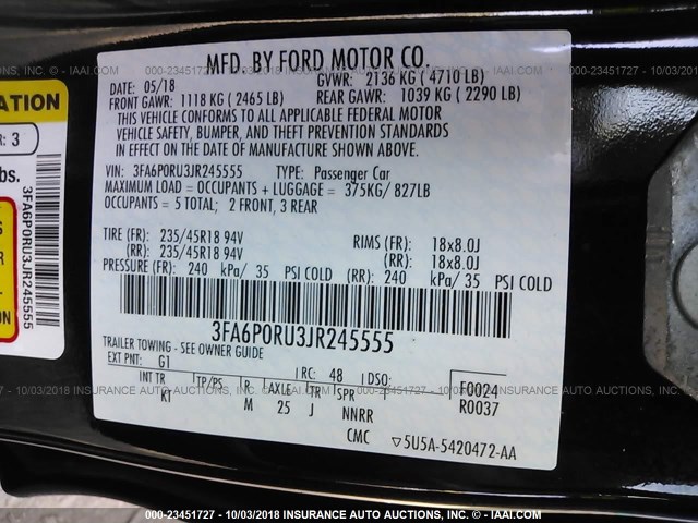 3FA6P0RU3JR245555 - 2018 FORD FUSION TITANIUM/PLATINUM HEV BLACK photo 9