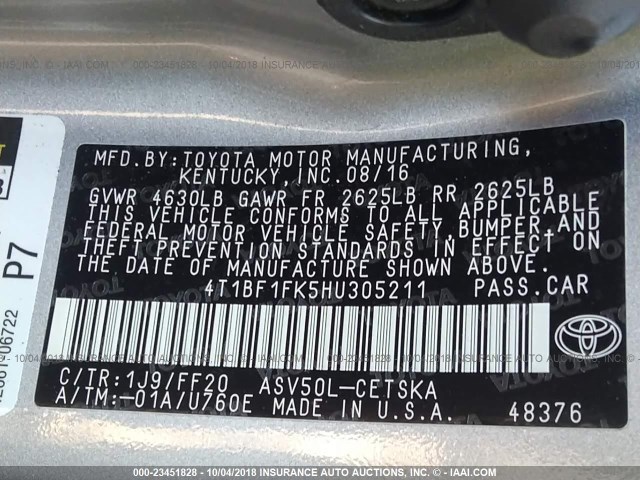 4T1BF1FK5HU305211 - 2017 TOYOTA CAMRY LE/XLE/SE/XSE 银色 照片 9