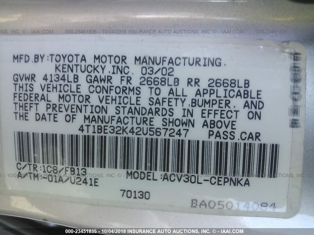 4T1BE32K42U567247 - 2002 TOYOTA CAMRY LE/XLE/SE SILVER photo 9