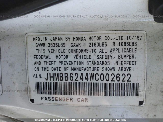 JHMBB6244WC002622 - 1998 HONDA PRELUDE WHITE photo 9