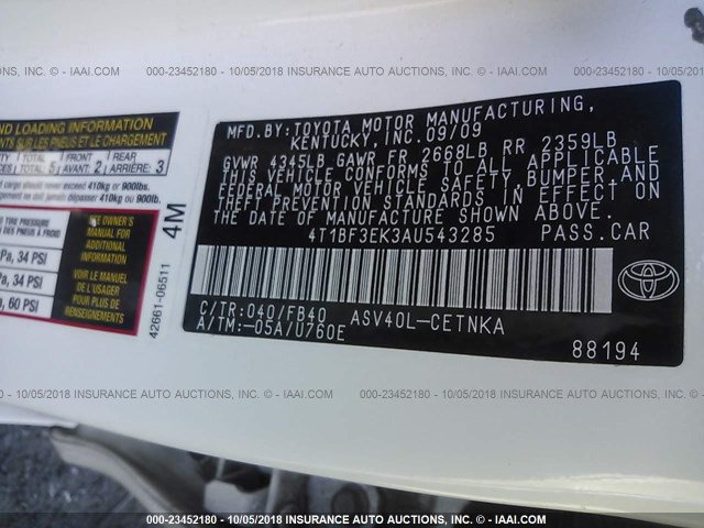 4T1BF3EK3AU543285 - 2010 TOYOTA CAMRY SE/LE/XLE 白色 照片 9