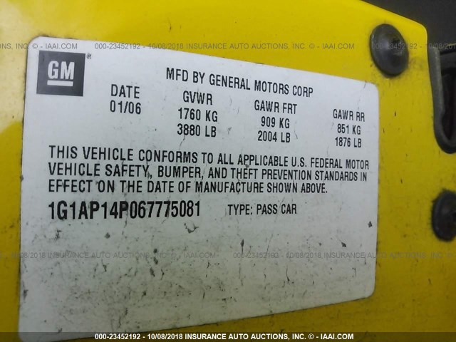 1G1AP14P067775081 - 2006 CHEVROLET COBALT SS SUPERCHARGED YELLOW photo 9